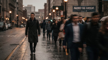 Focused man walks confidently down crowded city street, wet pavement reflecting lights, blurred...