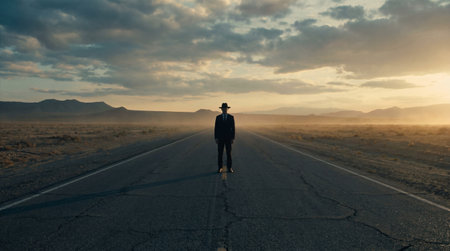 Dramatic desert landscape with man on road. Solitude and vastness. Journey and introspection....