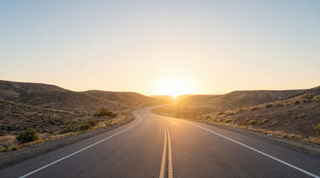 Curving asphalt highway through hills at dusk. Glowing sunset sky over road. Beautiful horizon...