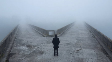 Man choosing path at bridge split. Thick white mist over road. Decision making concept. Moody...