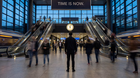 Man at train station, busy with people, escalators, clock, time passing, journey begins Wallpaper.