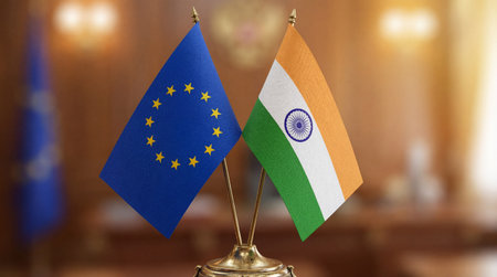 Close up of european union and indian flags placed together. Represents international relations,...