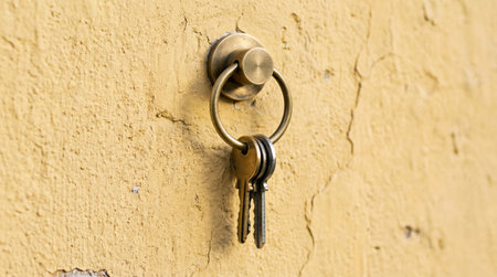 Modern keys on a brass key ring hang against a weathered yellow stucco wall. Blends classic charm with contemporary security.の写真素材