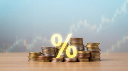 Concept of increasing interest rates savings and deposit growth investment finance stacks of coins...