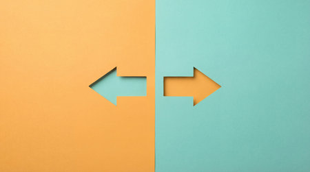 Abstract paper craft arrows pointing left and right. Minimalist concept for decision making and...