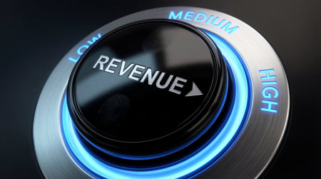 Revenue control knob with blue neon glow set to high. Symbolizes business growth, financial success,...