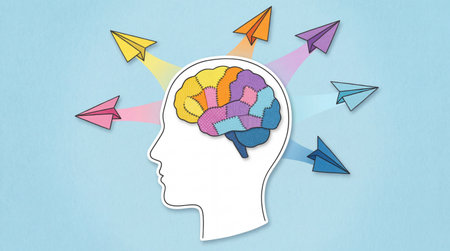 Creative illustration of human brain with patchwork pattern depicting diverse thoughts, with colorful paper planes flying out.の写真素材