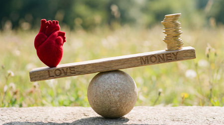 Red heart and stack of golden coins on a wooden balance scale illustrating choice between romance...