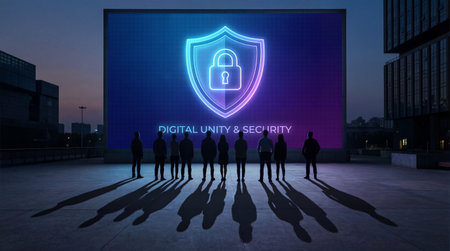 Diverse group of people stand united before large outdoor screen showcasing digital unity and...