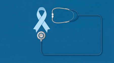Medical concept showing a light blue awareness ribbon and a stethoscope forming a frame on a dark blue background.の写真素材