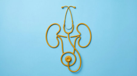 Stethoscope yellow color arranged shape human kidneys urology medical diagnostic concept healthcare...