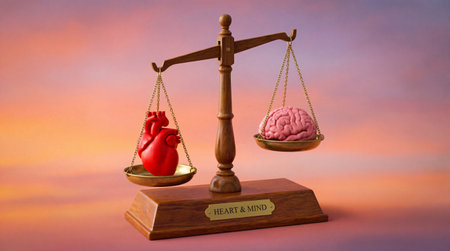 Comparison between human heart and brain on wooden justice scales representing logic emotion thought and choice decision makingの写真素材