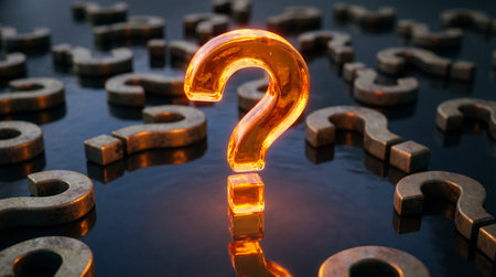 Brightly lit question mark shines brightly on glossy dark surface, surrounded by many other golden...