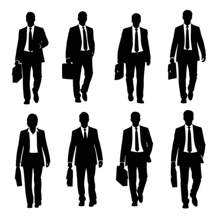 Set of black silhouettes featuring businessmen walking purposefully or standing still dressed in formal suits carrying briefcasesのイラスト素材