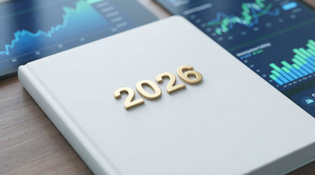 Close up on white notebook embossed with 2026 year numbers surrounded by digital tablet and monitor displaying financial stock market dataの写真素材