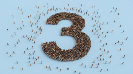 Human collective forms large number three figure on flat neutral surface. Idea of demographics scale and third position.の写真素材