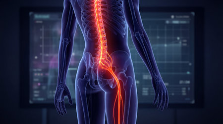 Medical 3d visualization of sciatica nerve inflammation affecting lower back and leg in human...