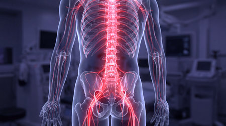 Detailed anatomical scan of human nervous system with glowing nerves and skeletal structure for...