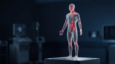 Futuristic medical scan of human nervous system. Neural network anatomy with red nodes indicating...