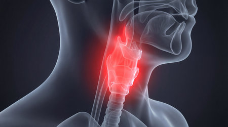 Close up of human larynx anatomy with red glow indicating inflammation or pain, medical condition