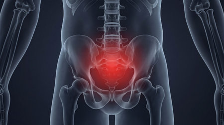X ray vision of human lower torso showing enlarged view of hip bones and lumbar spine with bright red signal indicating afflictionの写真素材
