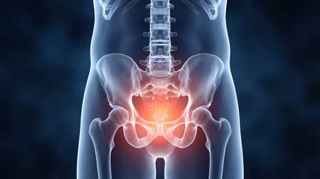 Close up X ray image of human pelvis highlighting lower back and hip joint area