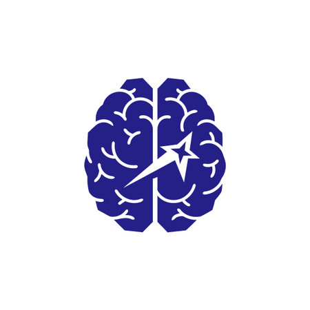 Simplified human brain illustration featuring central light spark icon. Success and insight symbol...