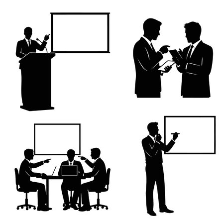 Black silhouettes showing speakers addressing audience business people interacting and collaborating in boardroom settingのイラスト素材