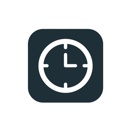 Black circular clock icon inside square. Time measurement symbol for organization. Minimalist watch...