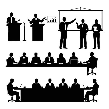 Professional team working together in conference room, corporate leadership speaking from podium, management meetingのイラスト素材