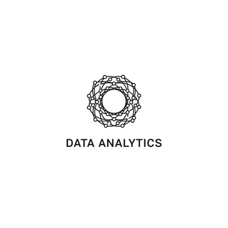 Black and white outline icon for data analytics, featuring a circular network of interconnected dots...
