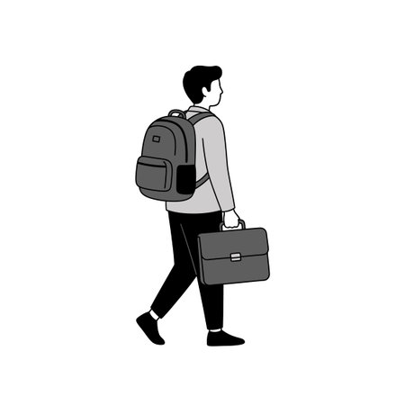 Illustration of a man with a backpack and briefcase, walking in profile, representing daily commute, business, or educationのイラスト素材
