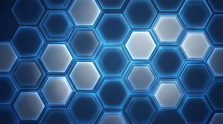 Abstract technology background featuring illuminated hexagons, bright blue and white lights creating...