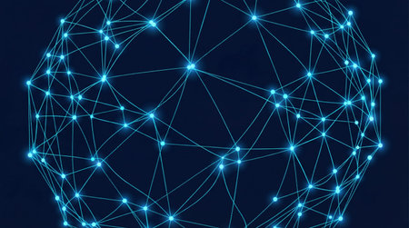 Global network connections, digital sphere with glowing blue lights, abstract representation of...