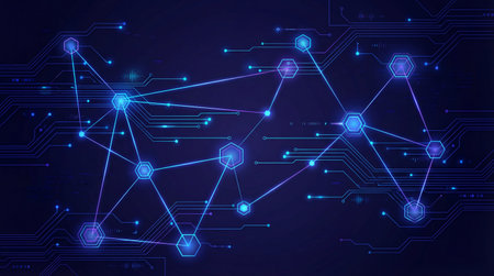 Technological concept of interconnected data points and blockchain structure over dark blue...