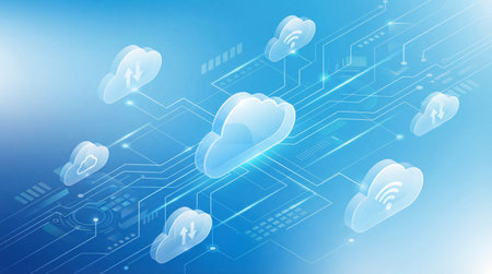Isometric blue background featuring translucent cloud symbols connected by digital paths and data...