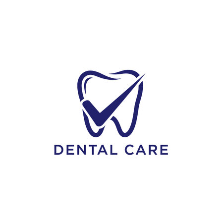 Dark blue molar silhouette combined with large tick mark representing quality dental services and approved oral healthのイラスト素材