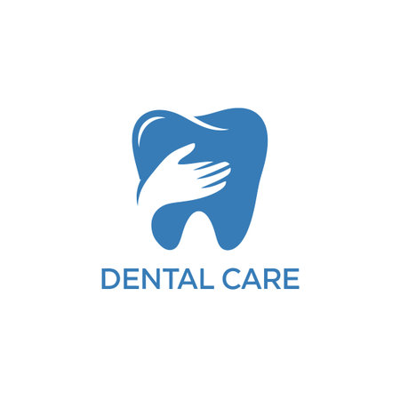 Creative illustration of a blue tooth icon with a caring hand, symbolizing good oral hygiene and health for a dental business.のイラスト素材