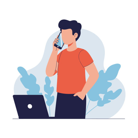 Casual conversation on smartphone, laptop nearby, modern office setting with decorative plants.のイラスト素材