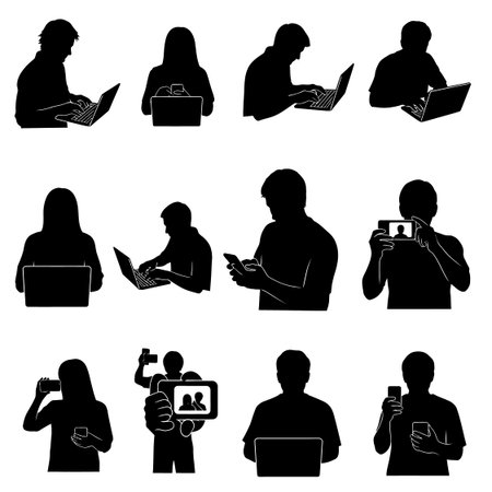 Group of people silhouettes working on laptops and phones people taking pictures and selfies with devices digital life conceptのイラスト素材