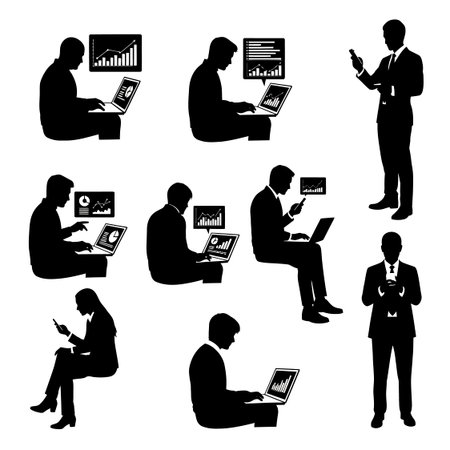 Business people analyzing charts on screens, using technology for work, communication, and mobile data.のイラスト素材