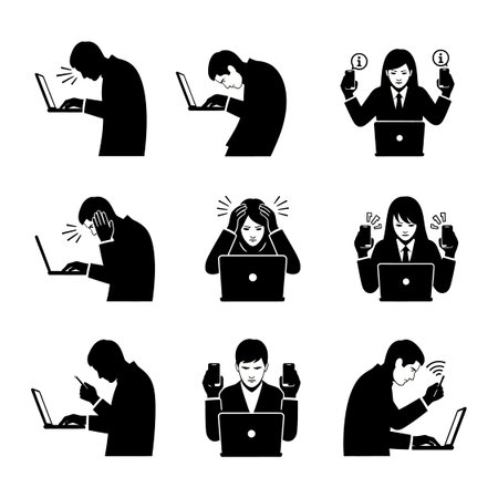 Black and white silhouettes of individuals with poor posture and signs of stress while interacting with digital devices.のイラスト素材