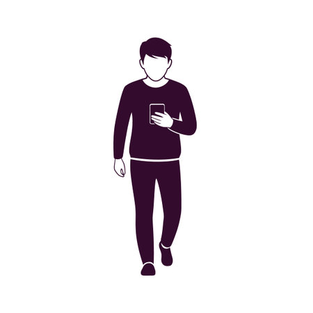 Minimalist vector illustration of young male figure walking forward holding mobile device in flat...