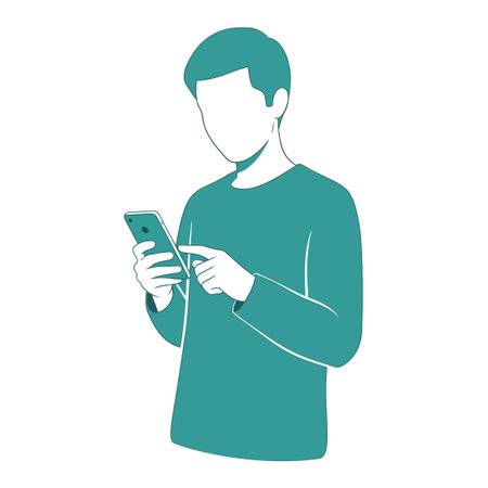 Minimalist vector illustration of male character browsing mobile phone. Casual person interacting with digital device.のイラスト素材