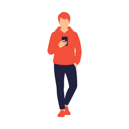 Flat design of young man with phone in hand, casual outfit, red hoodie, dark pants, isolated.