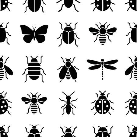 Monochrome vector texture with assorted bug silhouettes. Repeating pattern of garden insects and arachnids on white.のイラスト素材
