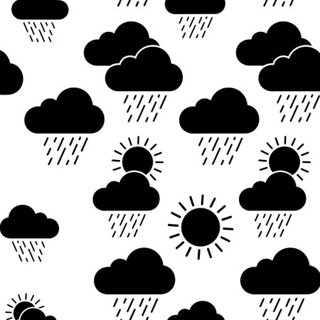 Black and white  pattern. various weather elements including rainy clouds and shining suns.