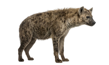 Brown spotted hyena stands facing right on white background. Wildlife portrait showing its rough fur and muscular body.の写真素材