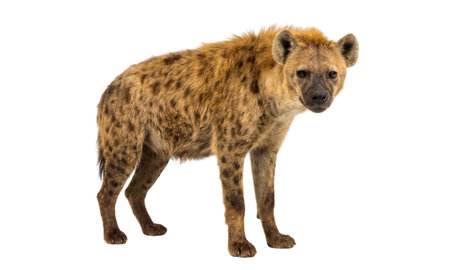 Hyena with spotted fur looking forward on white background. Detailed wildlife photography of African predator.の写真素材