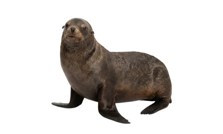 California sea lion posing on white background, brown fur texture, strong front flippers, marine mammal photographyの写真素材